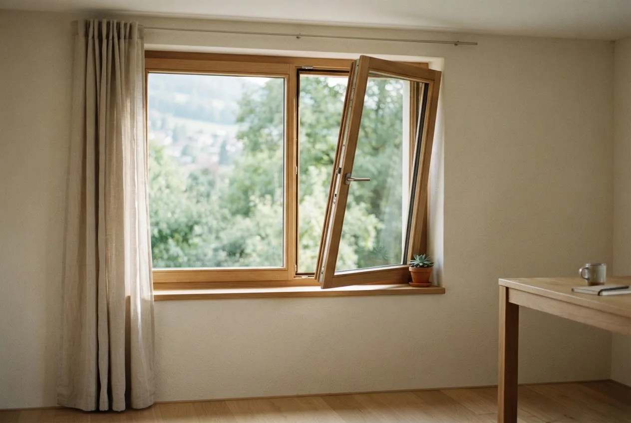 Gekipptes Holzfenster in einem ruhigen Büro, leichter Leinenvorhang und weiches Grün draussen im Morgenlicht