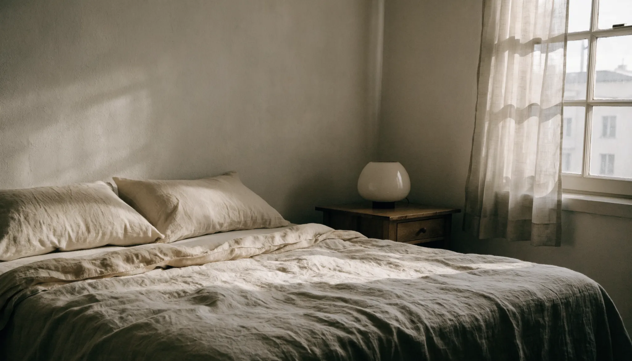 Ruhiges Schlafzimmer mit Bett, Nachttisch, Lampe und Fenster als Bettzone