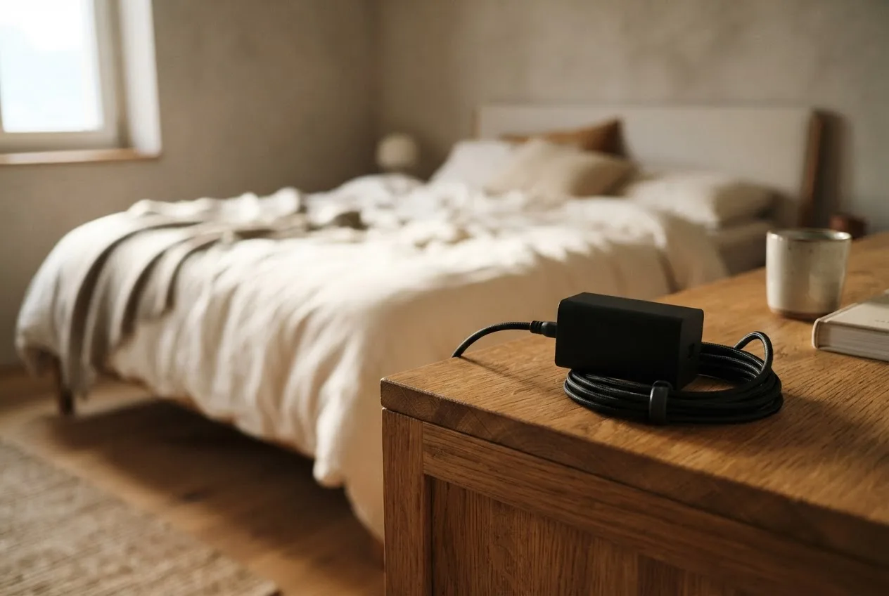 Schwarzes Netzteil mit aufgerolltem Kabel liegt bewusst weg vom Bett auf einem Eichen-Sideboard, Bett unscharf im Hintergrund