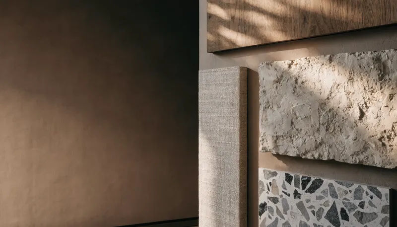Materialflächen aus Putz, Holz und Stoff im natürlichen Licht