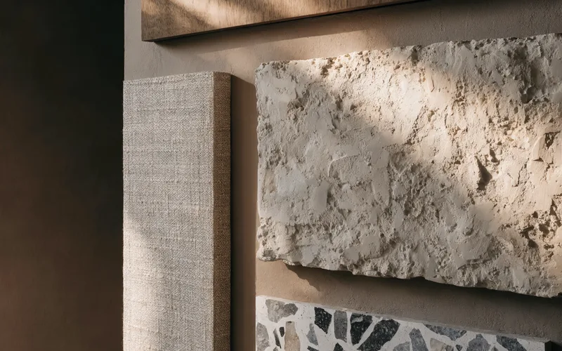 Materialplatten aus Holz, Stein, Leinen und Terrazzo im Tageslicht