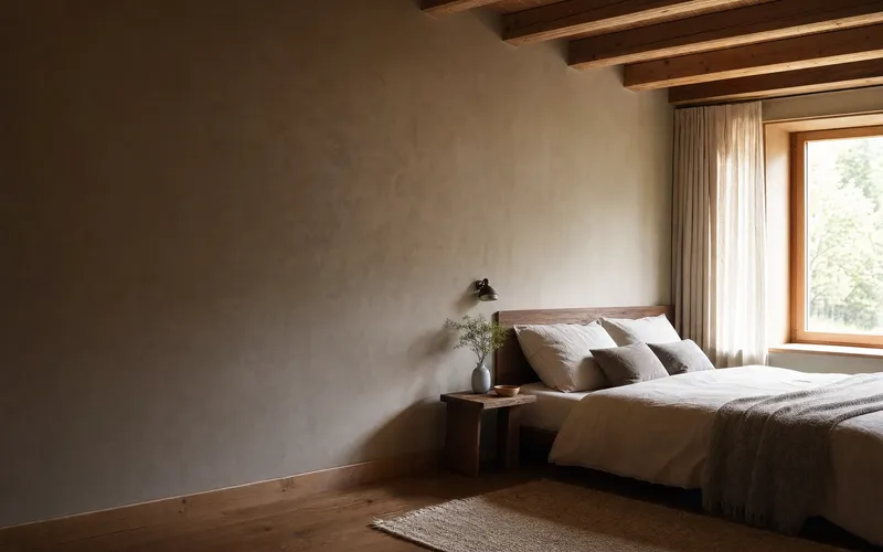 Ruhiger Schlafraum mit Bett und warmem Morgenlicht