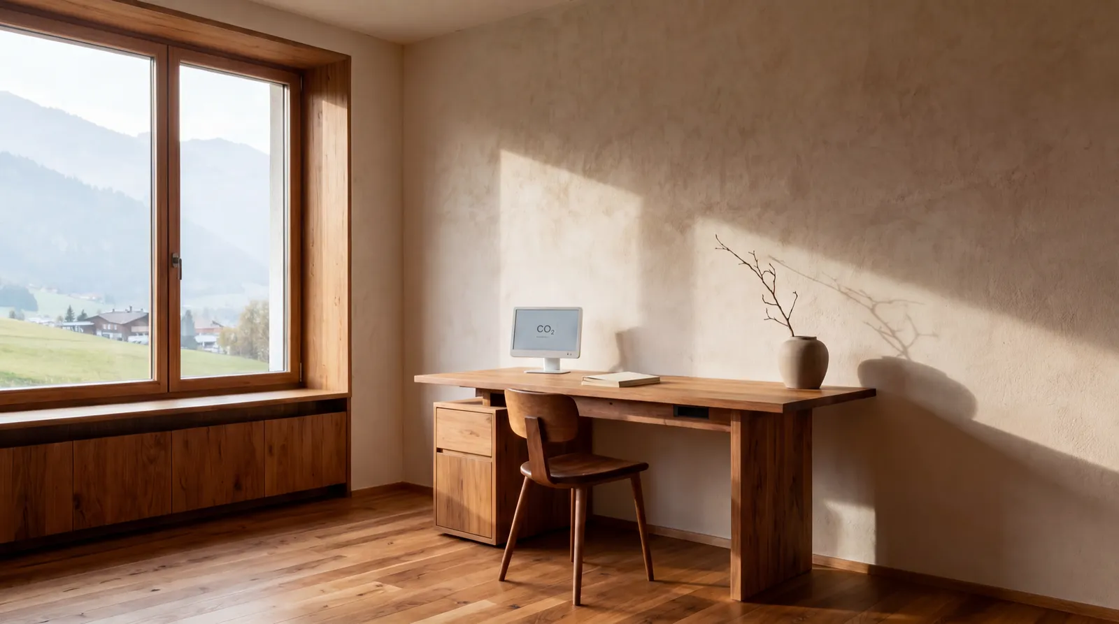 Ruhiger Arbeitsplatz mit Holztisch, Fenster mit Tageslicht und heller Lehmwand, auf dem Bildschirm eine CO2-Anzeige