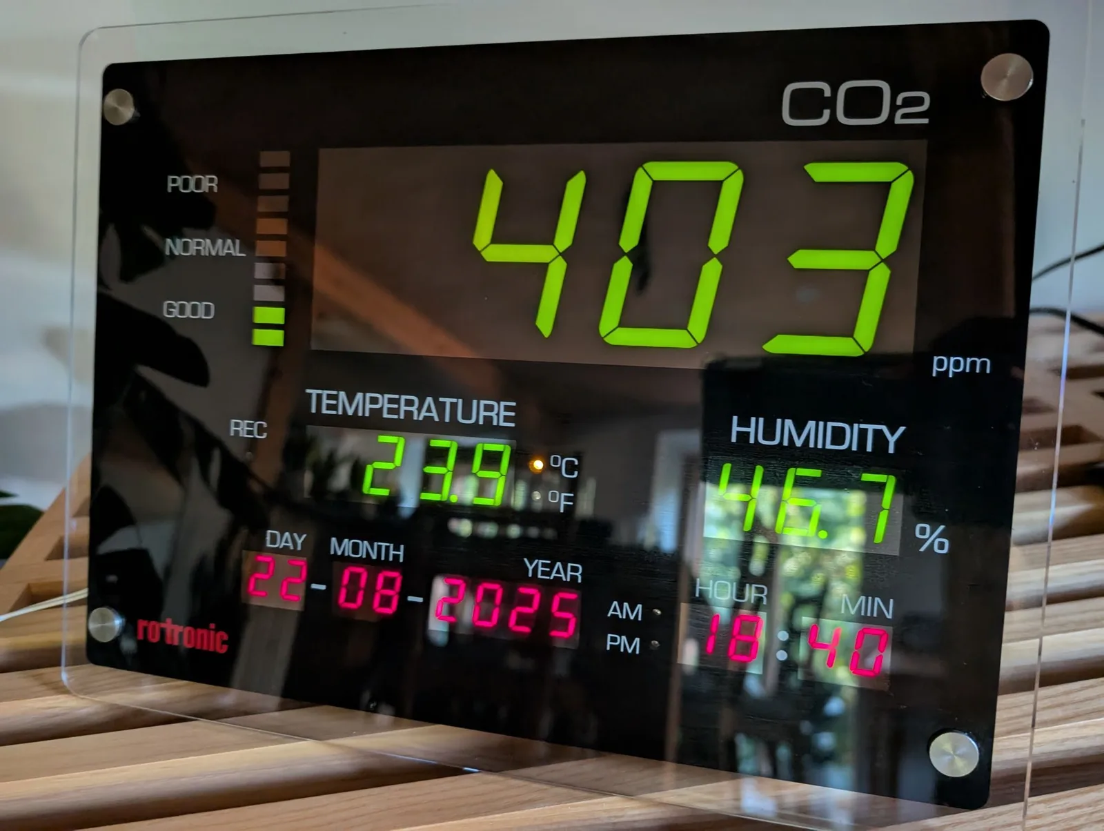 CO2-Messgerät zeigt 403 ppm, Temperatur und Luftfeuchte.