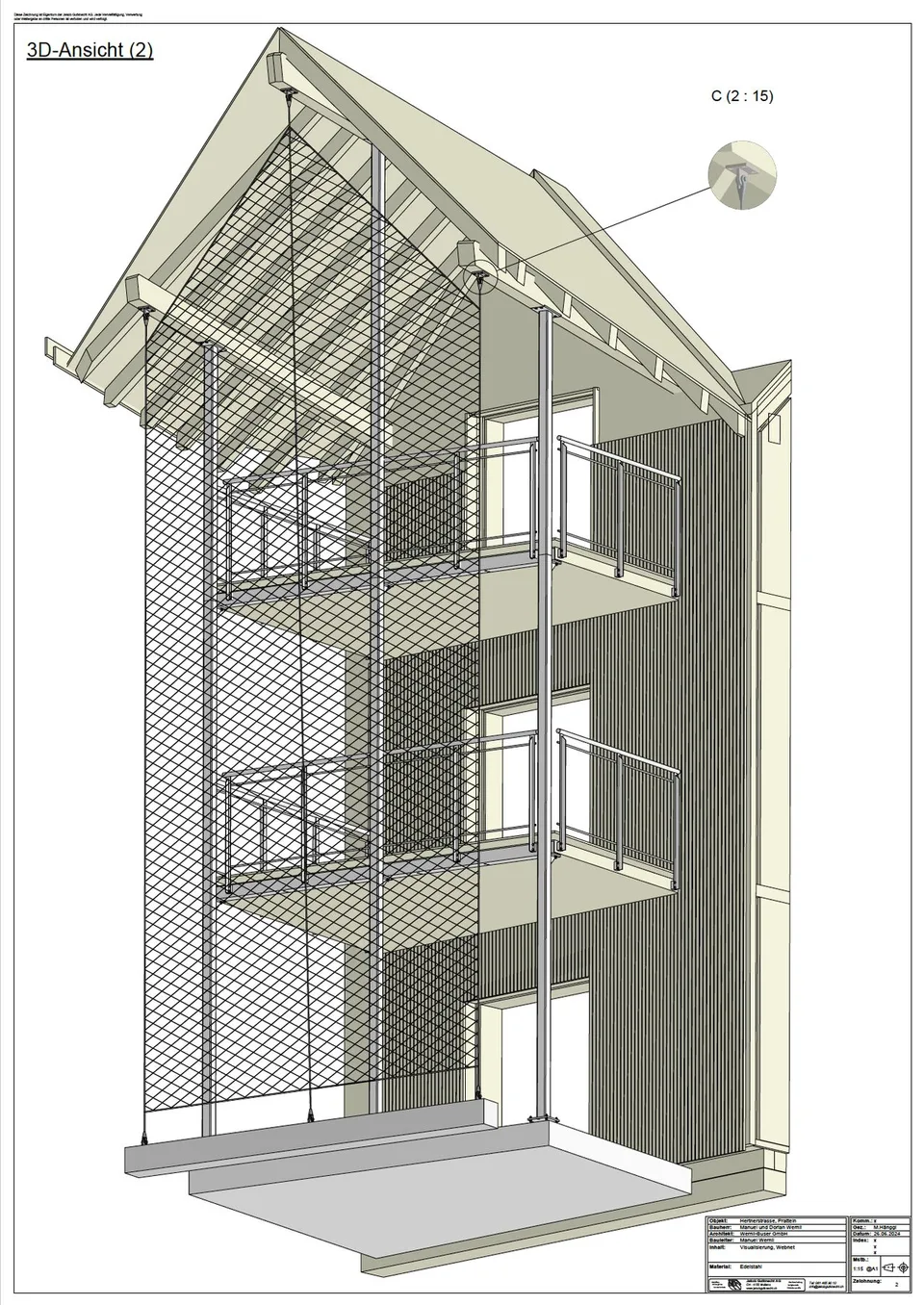 Planzeichnung einer Holzfassade mit Balkonen, 3D-Ansicht.